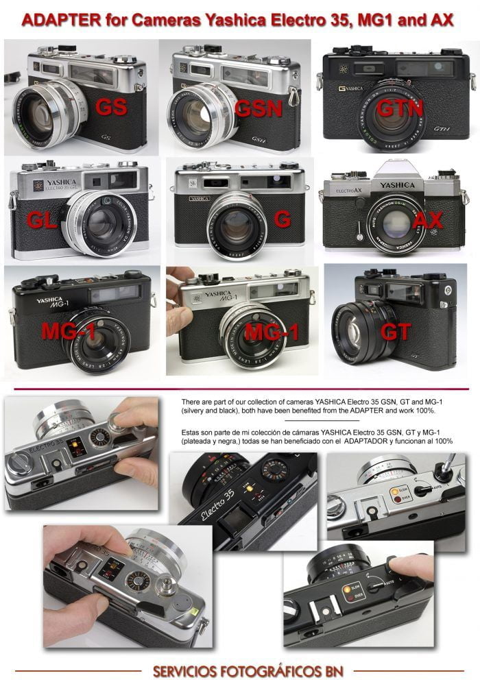 YASHICA ELECTRO 35 G, GS, GSN, GTN, MG1, AX. ADAPTER BATTERY + KIT ACCESORIOS Y ADAPTADORES