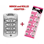 Battery ADAPTER + 10 Batteries LR43 for MINOX 35 (GT, PE, PL, EL, GL, AL), MINOX (C, EC, ECX, LX, TLX) and ROLLEI