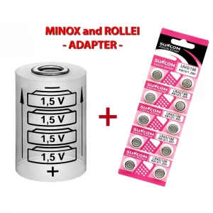 Battery ADAPTER + 10 Batteries LR43 for MINOX 35 (GT, PE, PL, EL, GL, AL), MINOX (C, EC, ECX, LX, TLX) and ROLLEI